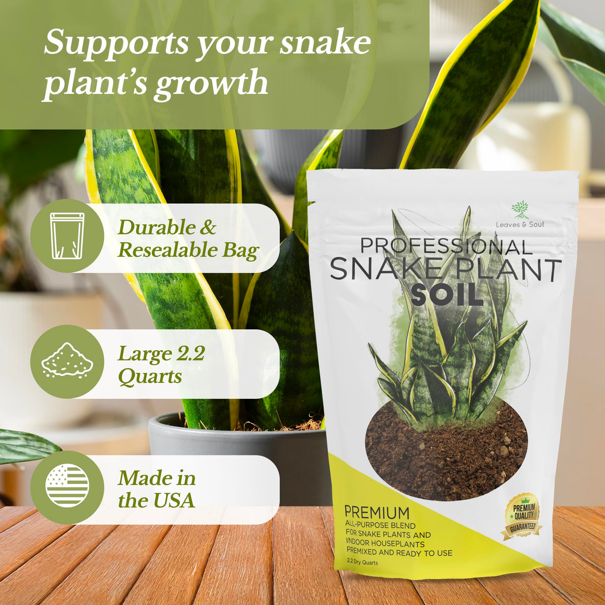Leaves and Soul 8.2-quart potting soil bag for easy indoor snake plant care.