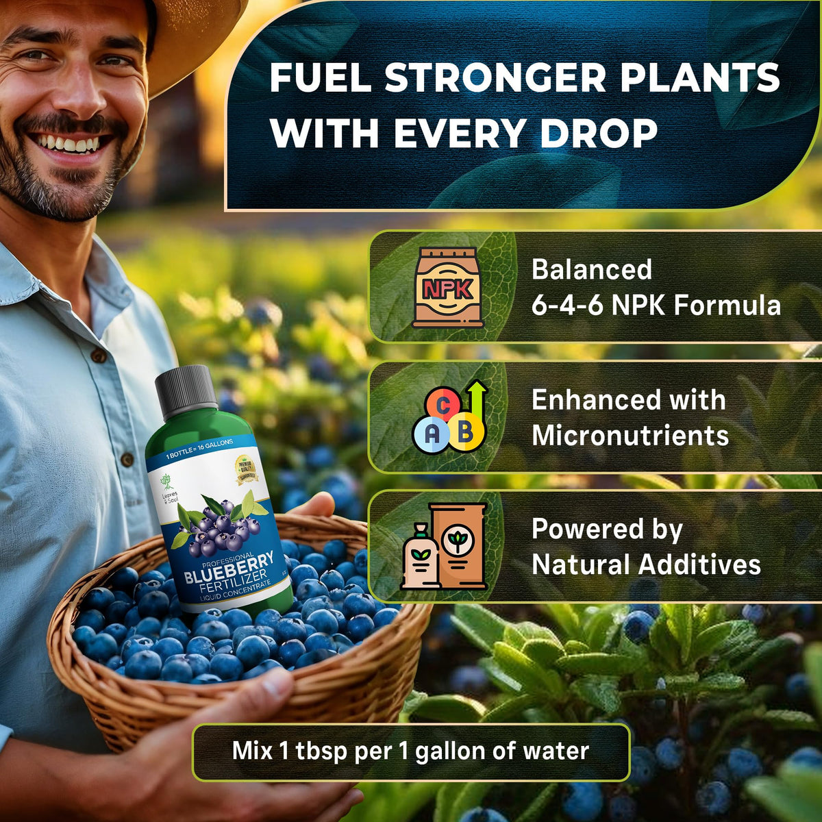 Leaves and Soul 6-4-6 liquid formula supports vibrant blueberry growth.