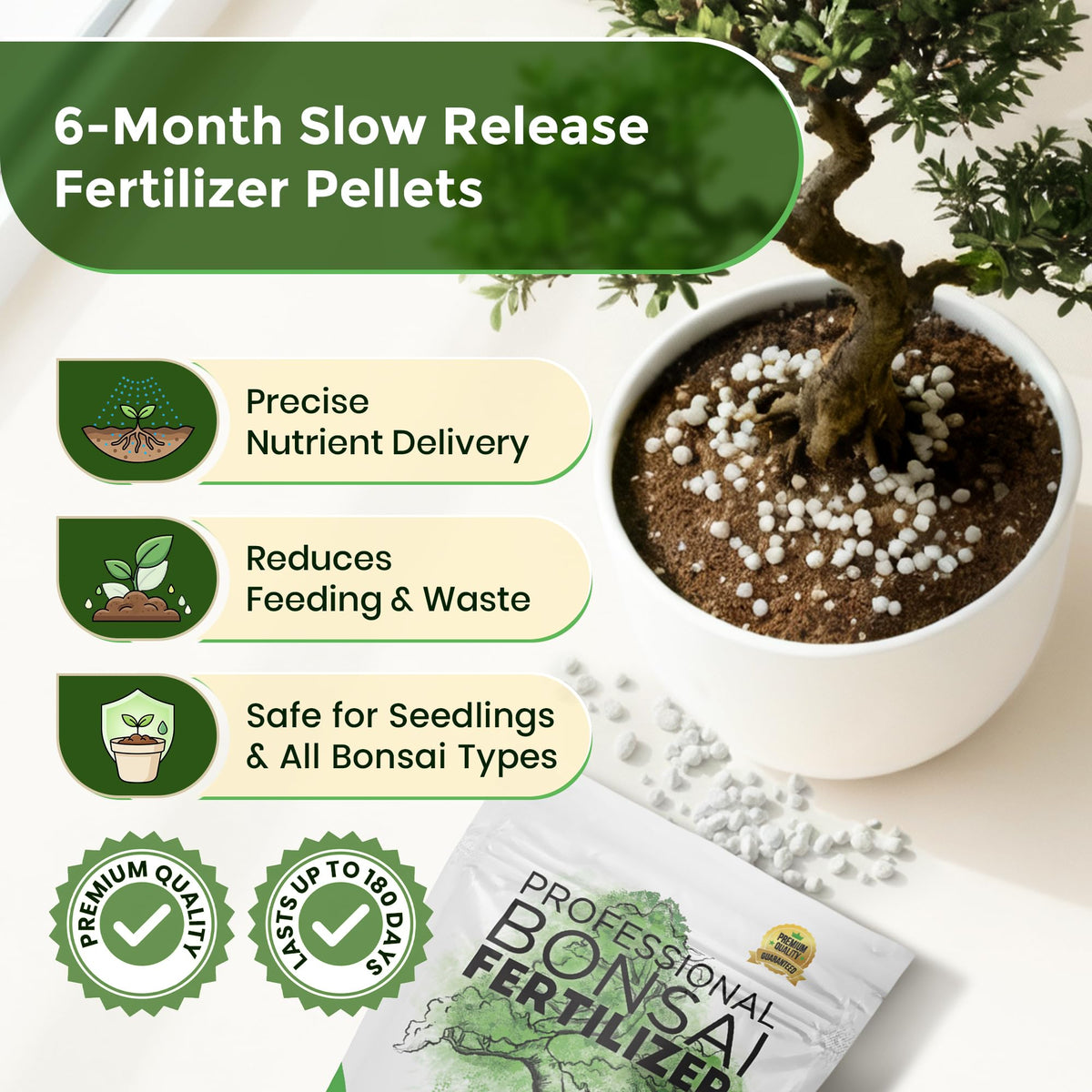Leaves and Soul bonsai fertilizer pellets applied to seedlings for steady development