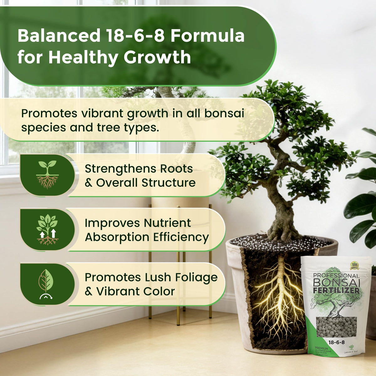 Leaves and Soul bonsai pellets shown with soil care and root feeding concept