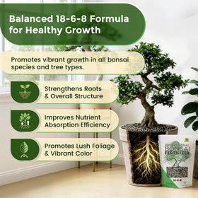 Leaves and Soul bonsai pellets shown with soil care and root feeding concept