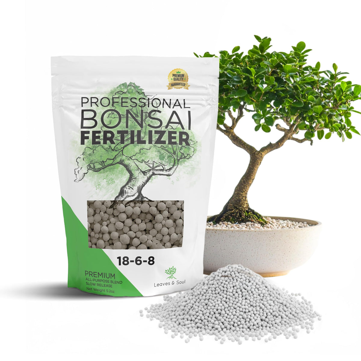Leaves and Soul bonsai fertilizer bag on a dry storage shelf