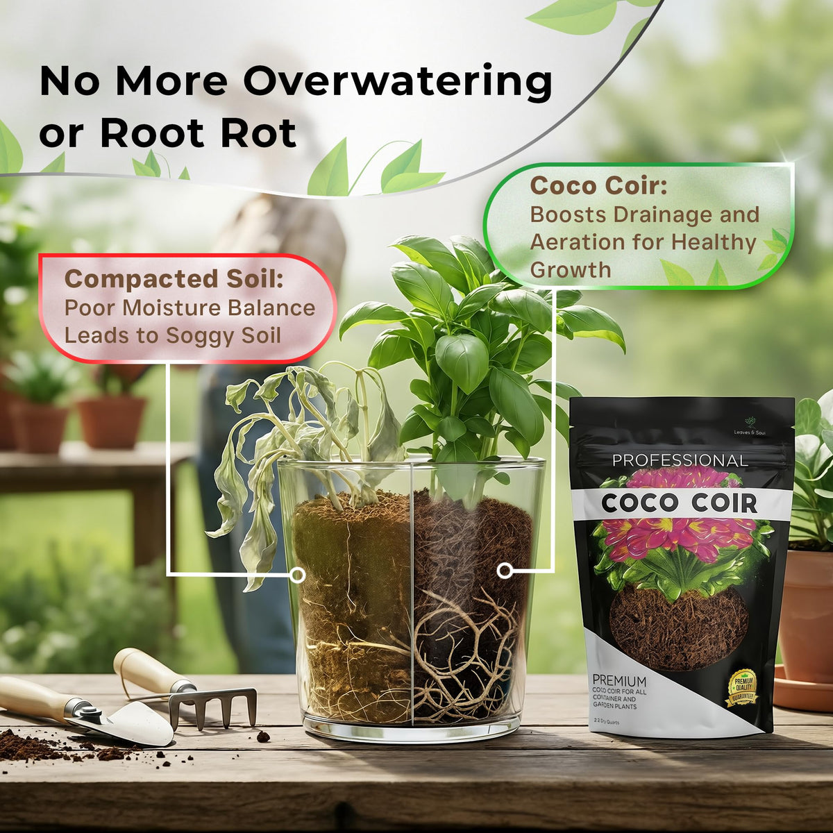 Leaves and Soul coco coir being mixed into potting soil for better growth