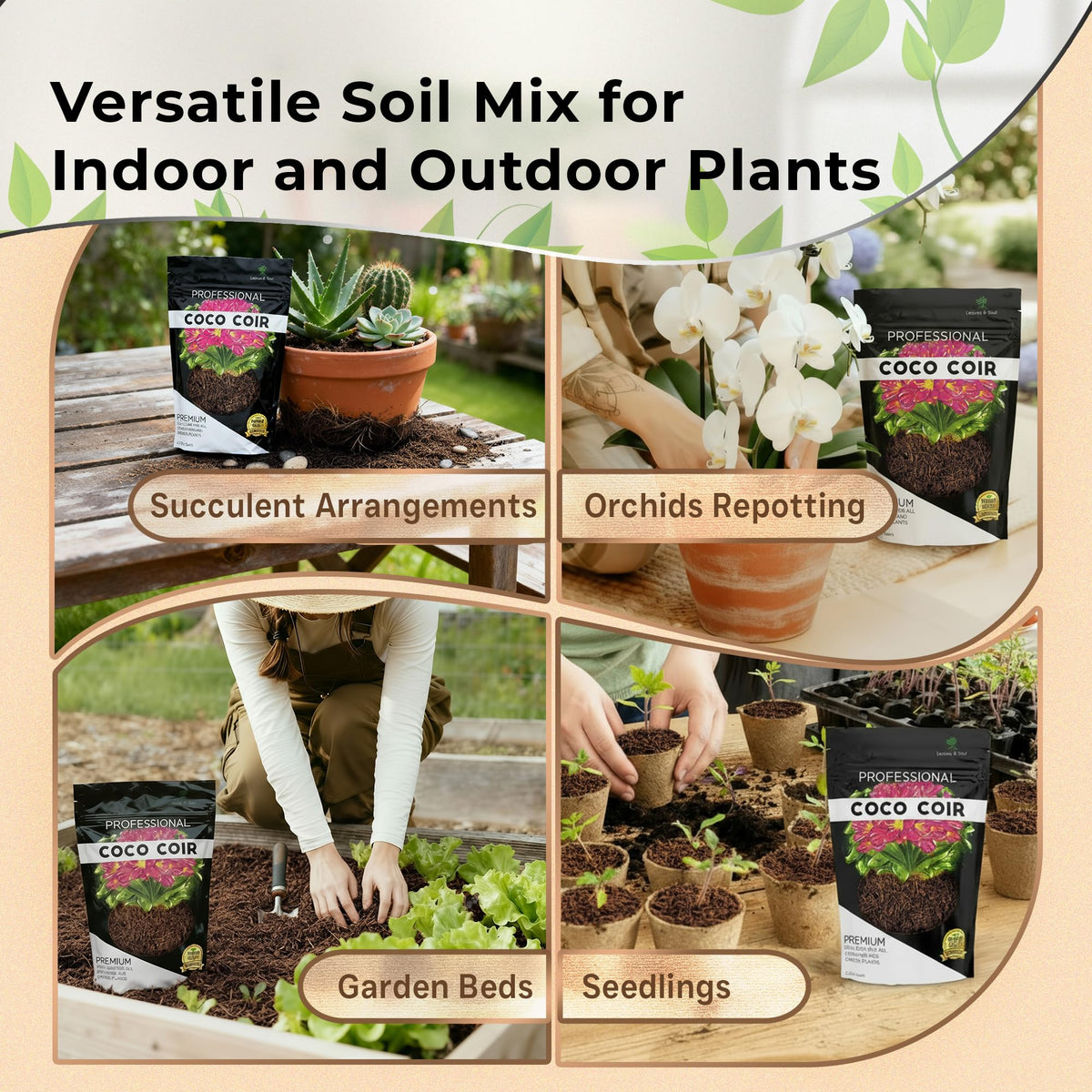 Leaves and Soul USA-made coco coir supports indoor and outdoor gardening
