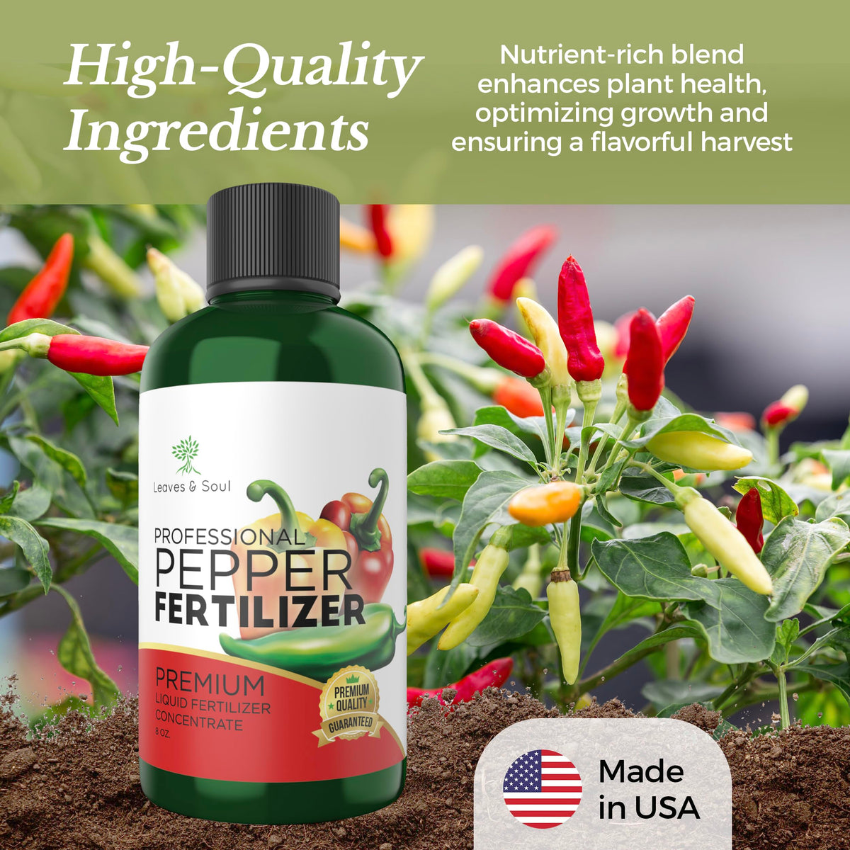 Leaves and Soul made-in-USA seal on fertilizer packaging