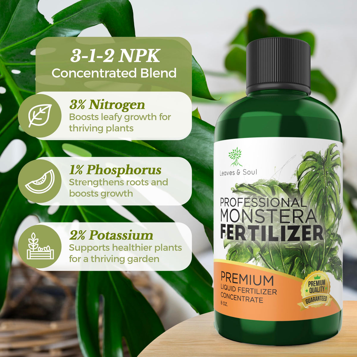 Leaves and Soul Monstera measuring spoon image; easy dilution with 1–2 tsp per 8 cups.