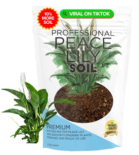 Leaves and Soul peace lily soil bag front promotes strong roots for thriving indoor peace lilies.