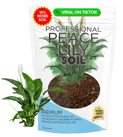 Leaves and Soul peace lily soil bag front promotes strong roots for thriving indoor peace lilies.