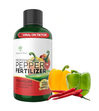 Leaves and Soul pepper fertilizer bottle promoting healthy pepper growth