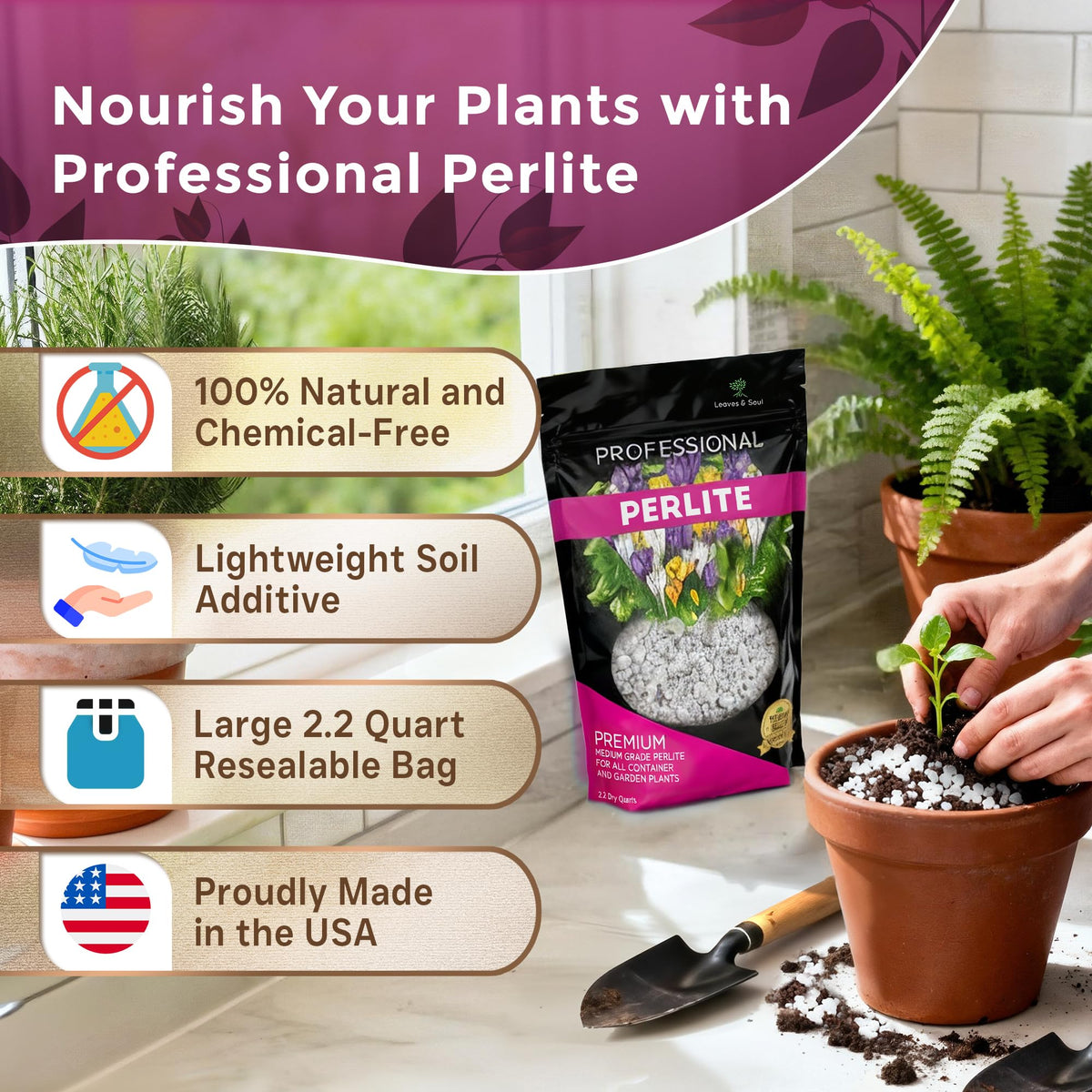 Leaves and Soul perlite garden bed setup improves drainage for lush outdoor plants.