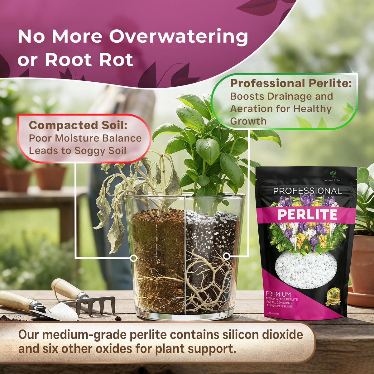 Leaves and Soul perlite supports water balance for steady moisture in diverse plant setups.