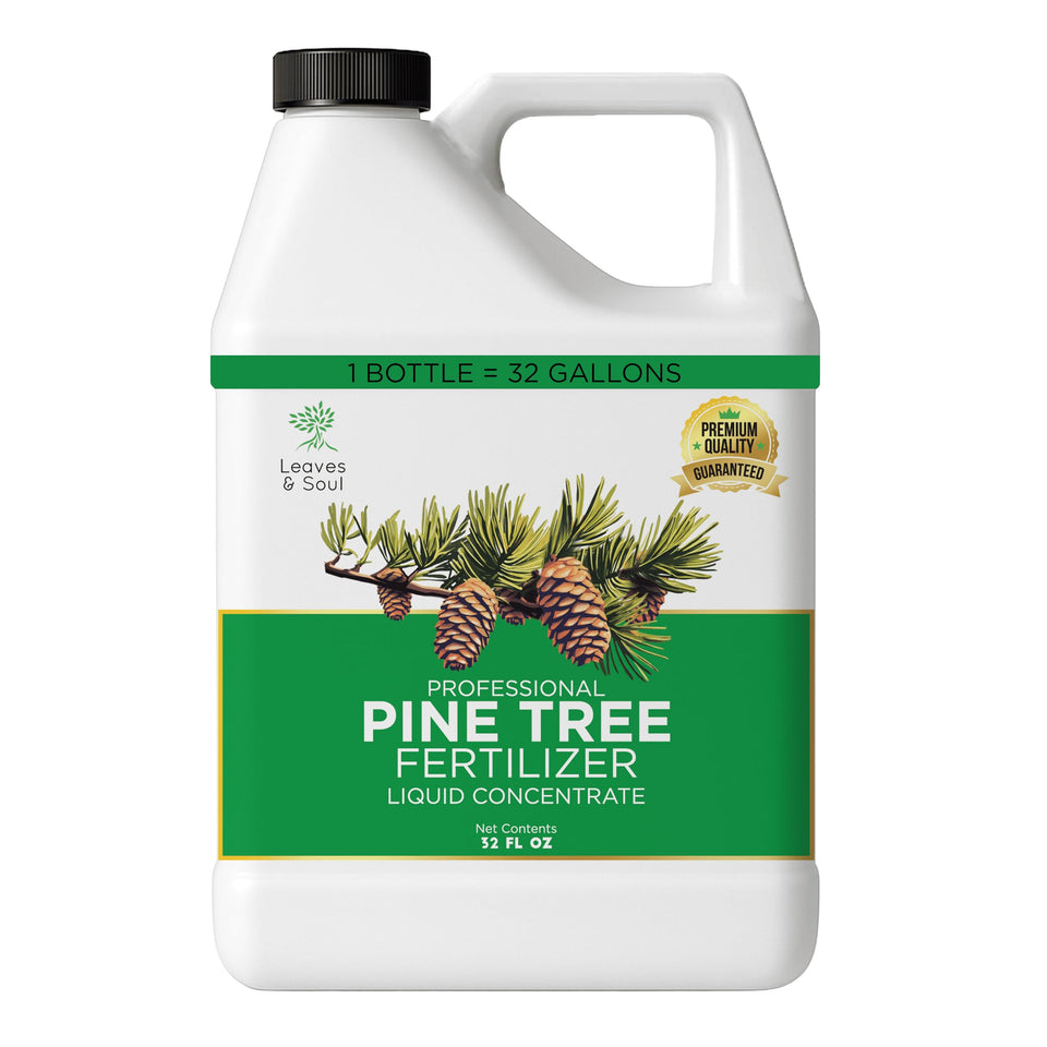 Leaves and Soul Pine Tree Fertilizer bottle pouring for quick root uptake