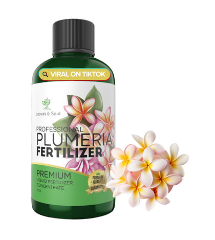Leaves and Soul plumeria fertilizer bottle with measuring cap for quick feeding