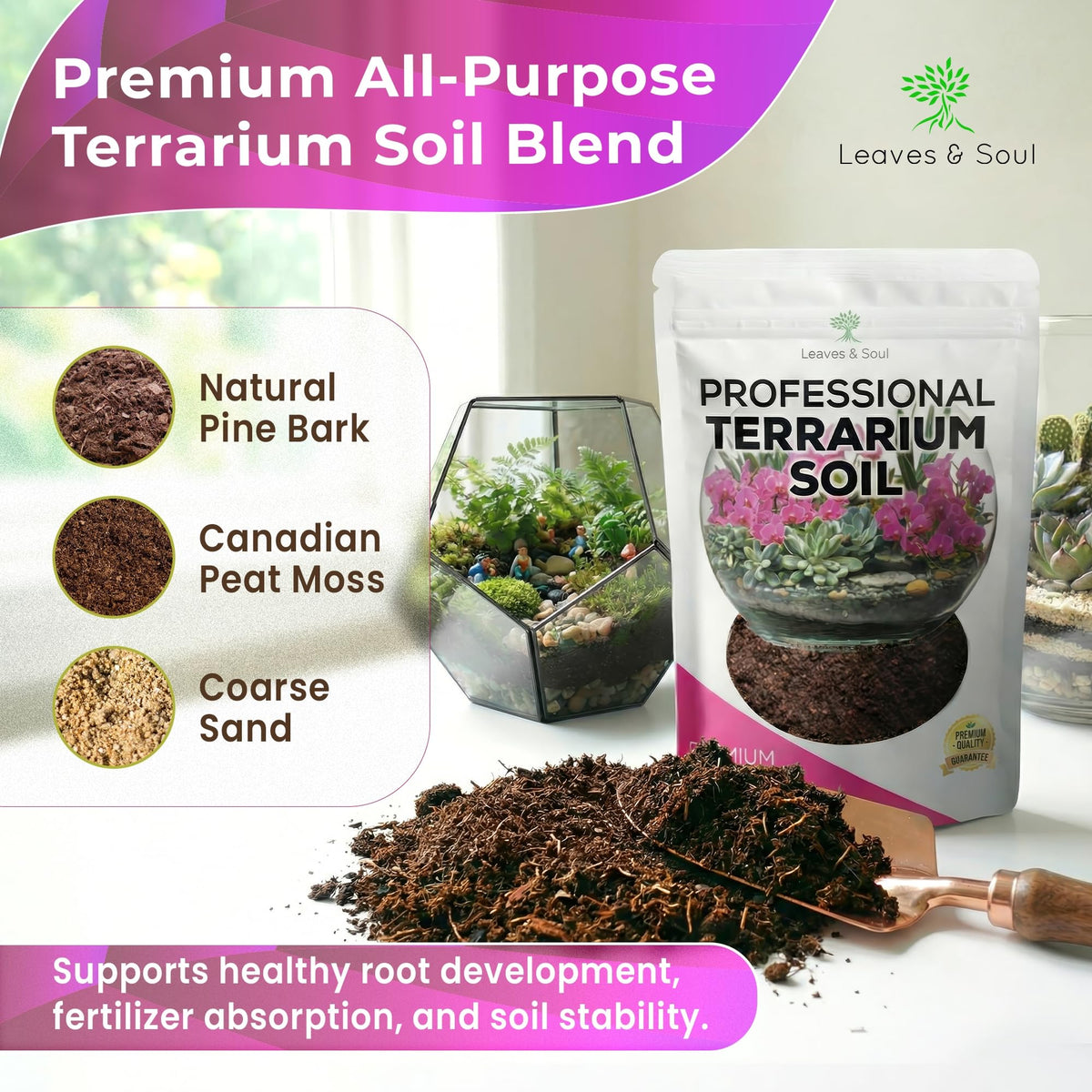 Leaves and Soul premium terrarium soil ingredients close-up highlighting drainage-friendly mix