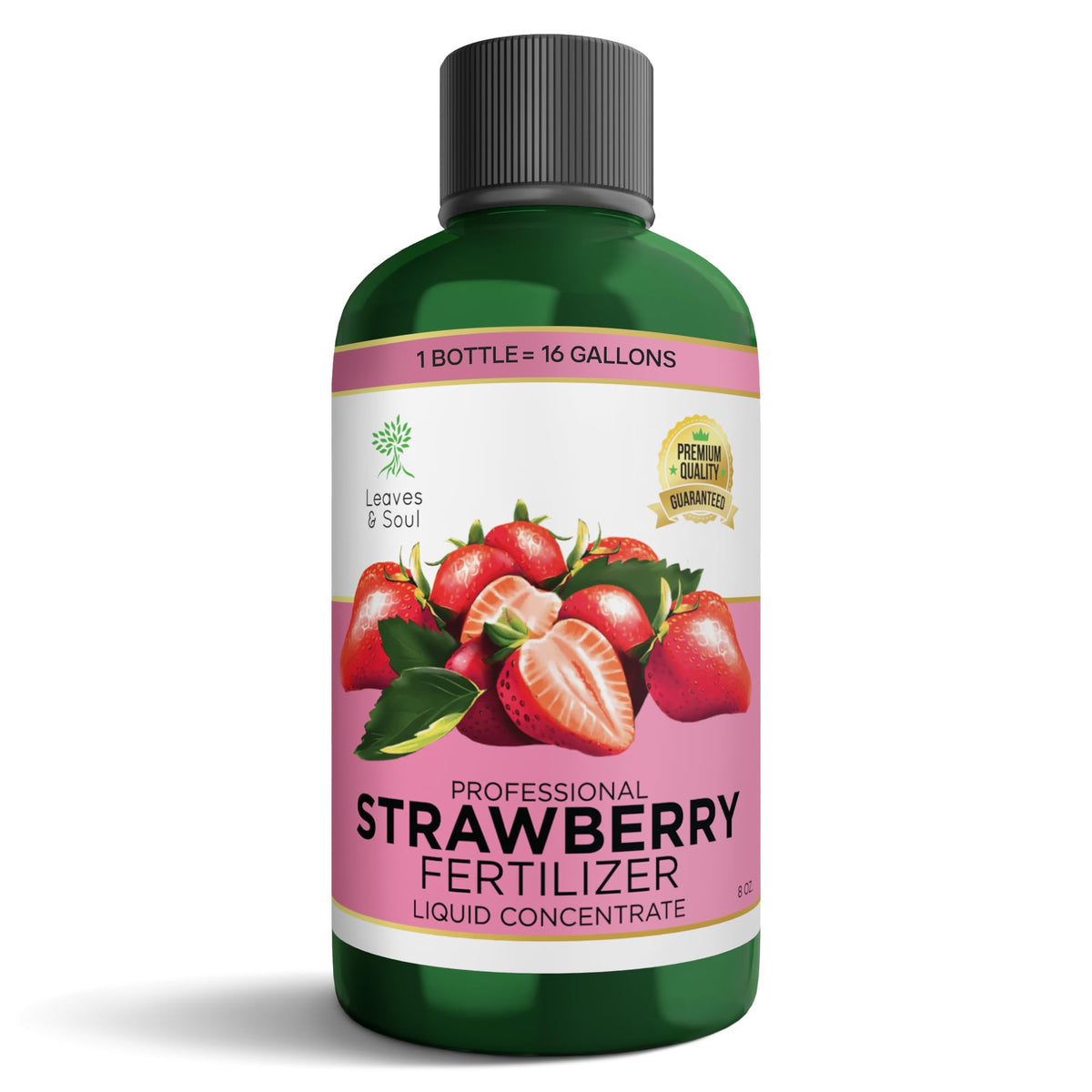 Leaves and Soul strawberry fertilizer bottle pour showing fast root uptake