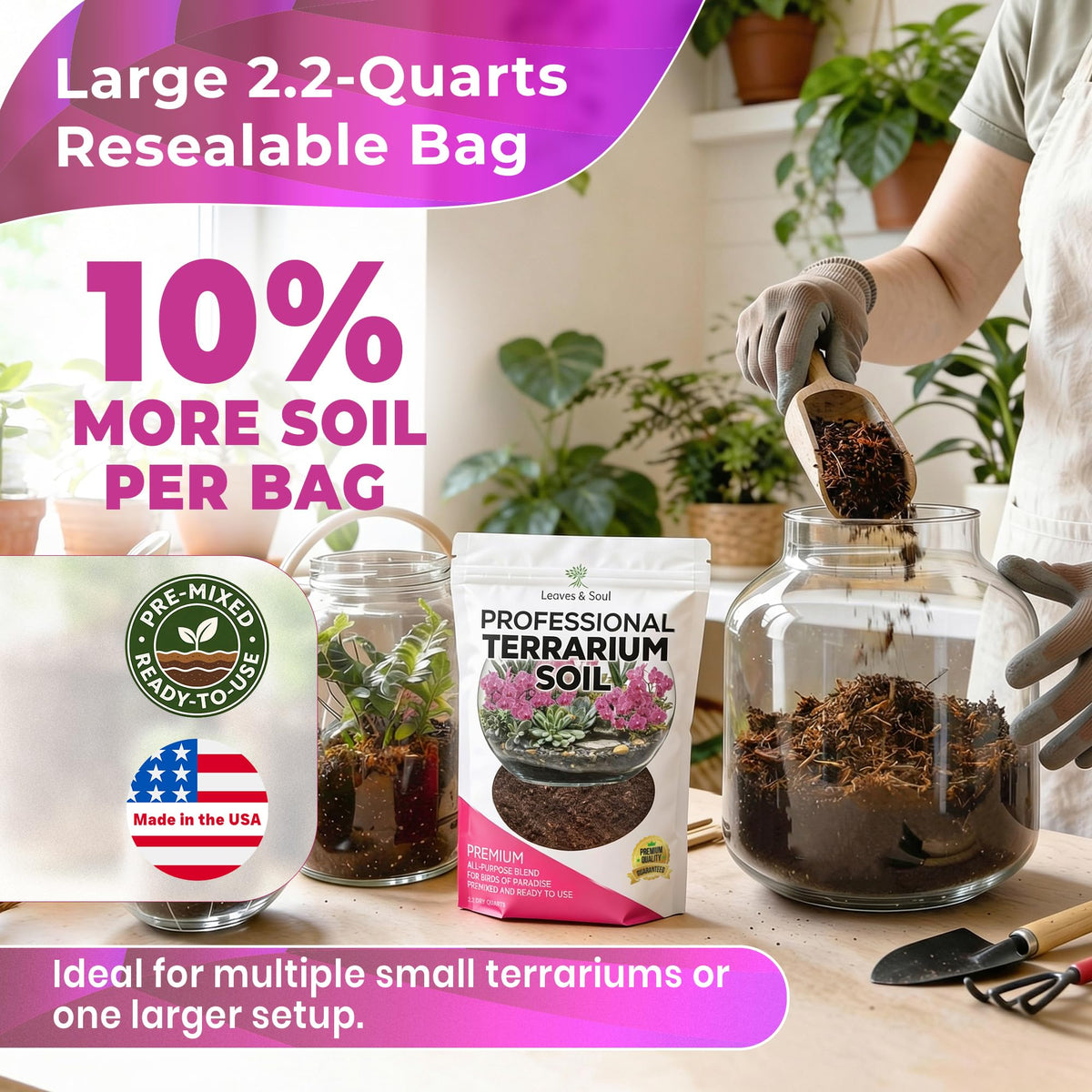 Leaves and Soul USA-made terrarium soil label signaling reliable, quality performance