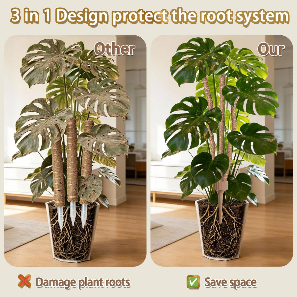 30-inch moss pole for climbing plants supports tall monstera and pothos indoors.