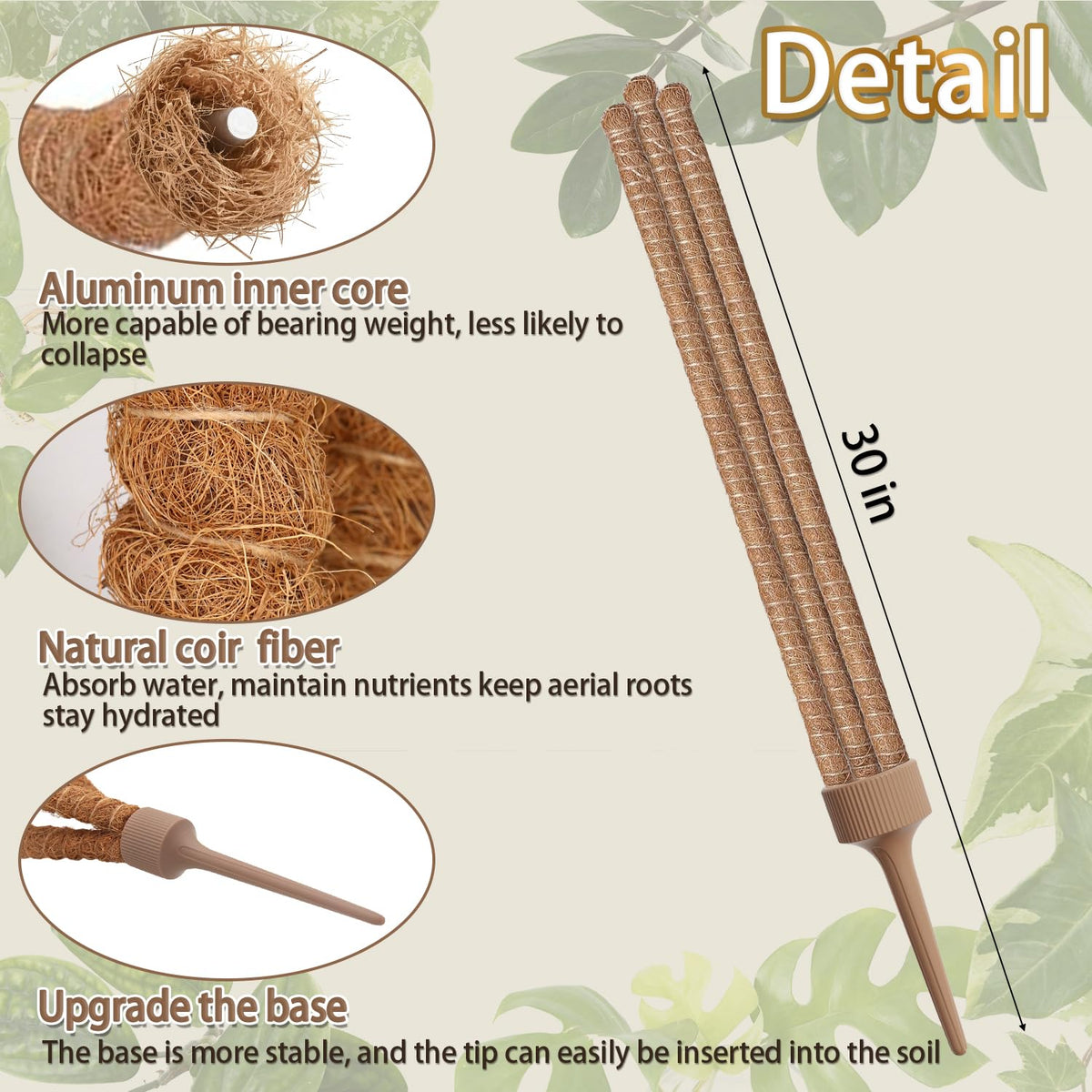 LECAMEBOR natural coco coir moss pole nourishes aerial roots gently.