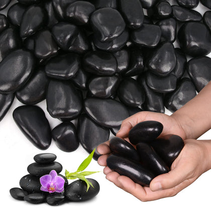 Lechloris polished black river rocks, 1-2 inch stones, ideal for outdoor landscaping and planters.