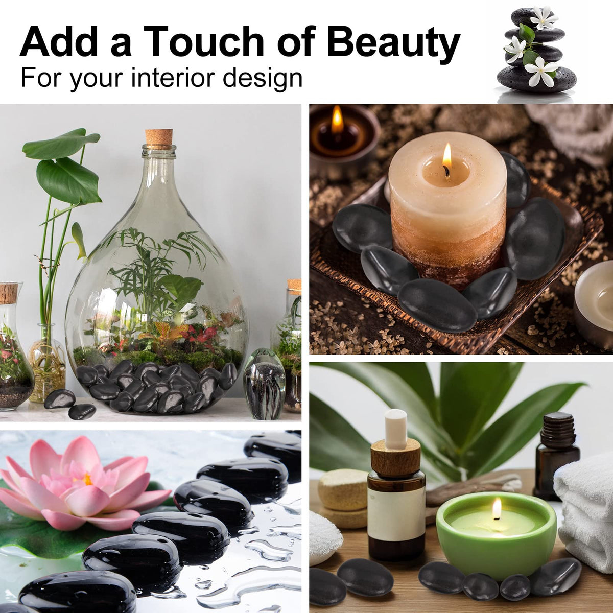 Lechloris polished black river rocks serve as a natural accent for planters and decor.