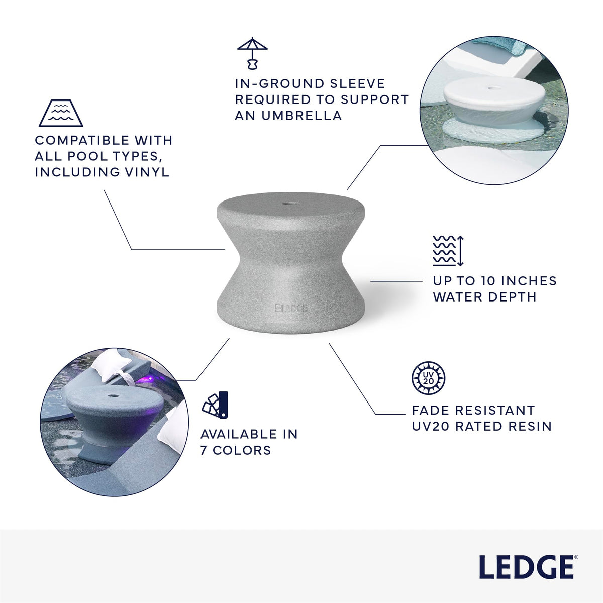 Ledge Lounger 14-inch height and 18-inch top surface for easy reach.