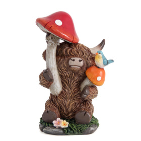 Leekung Highland Cow figurine with mushrooms, whimsy for outdoor garden spaces