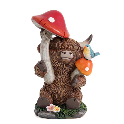 Leekung Highland Cow figurine with mushrooms, whimsy for outdoor garden spaces