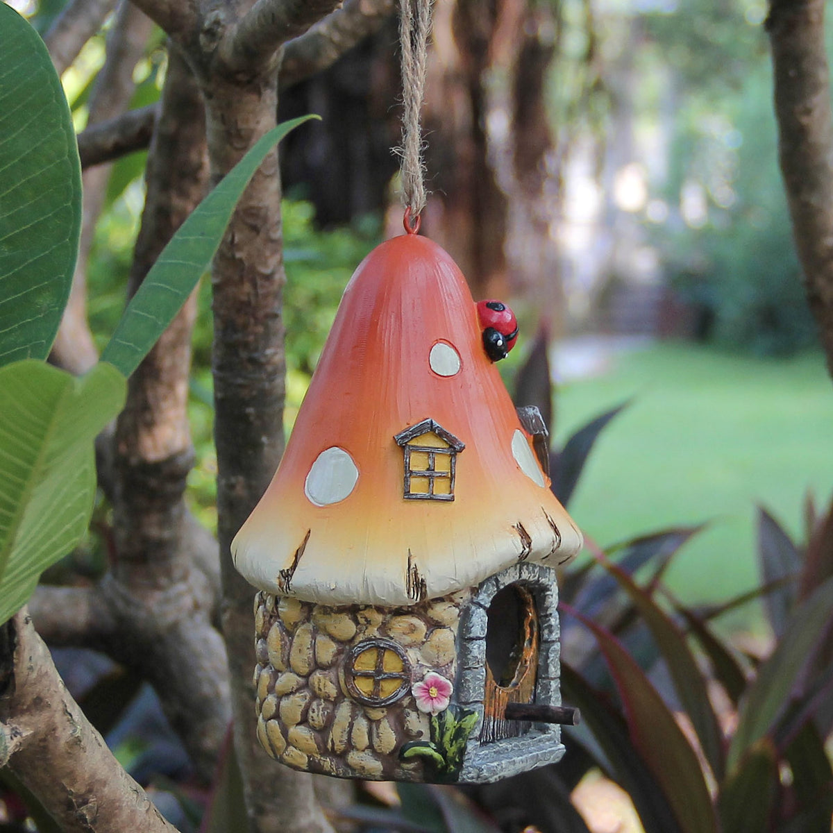 Leekung Mushroom Bird House entrance diameter shows easy access for small species