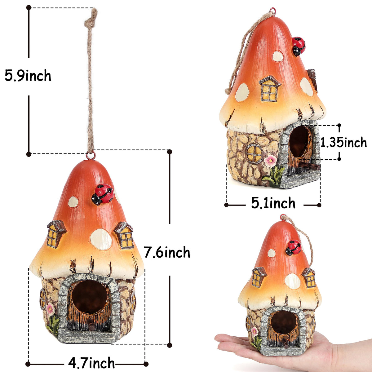 Leekung Mushroom Bird House resin material highlights weather resistance for year round use