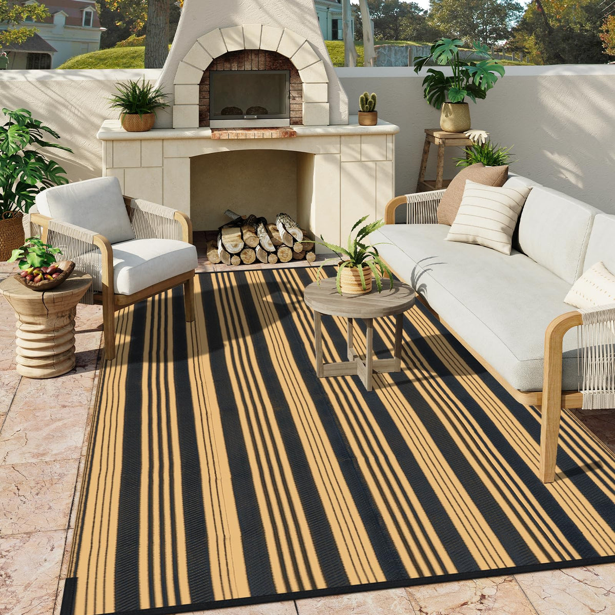 LEEVAN 8x10 striped rug enhances backyard, RV, or balcony spaces.