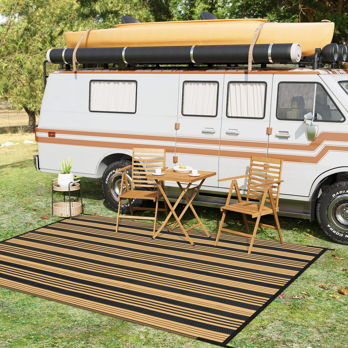 LEEVAN portable rug folds compactly with carry bag for trips.