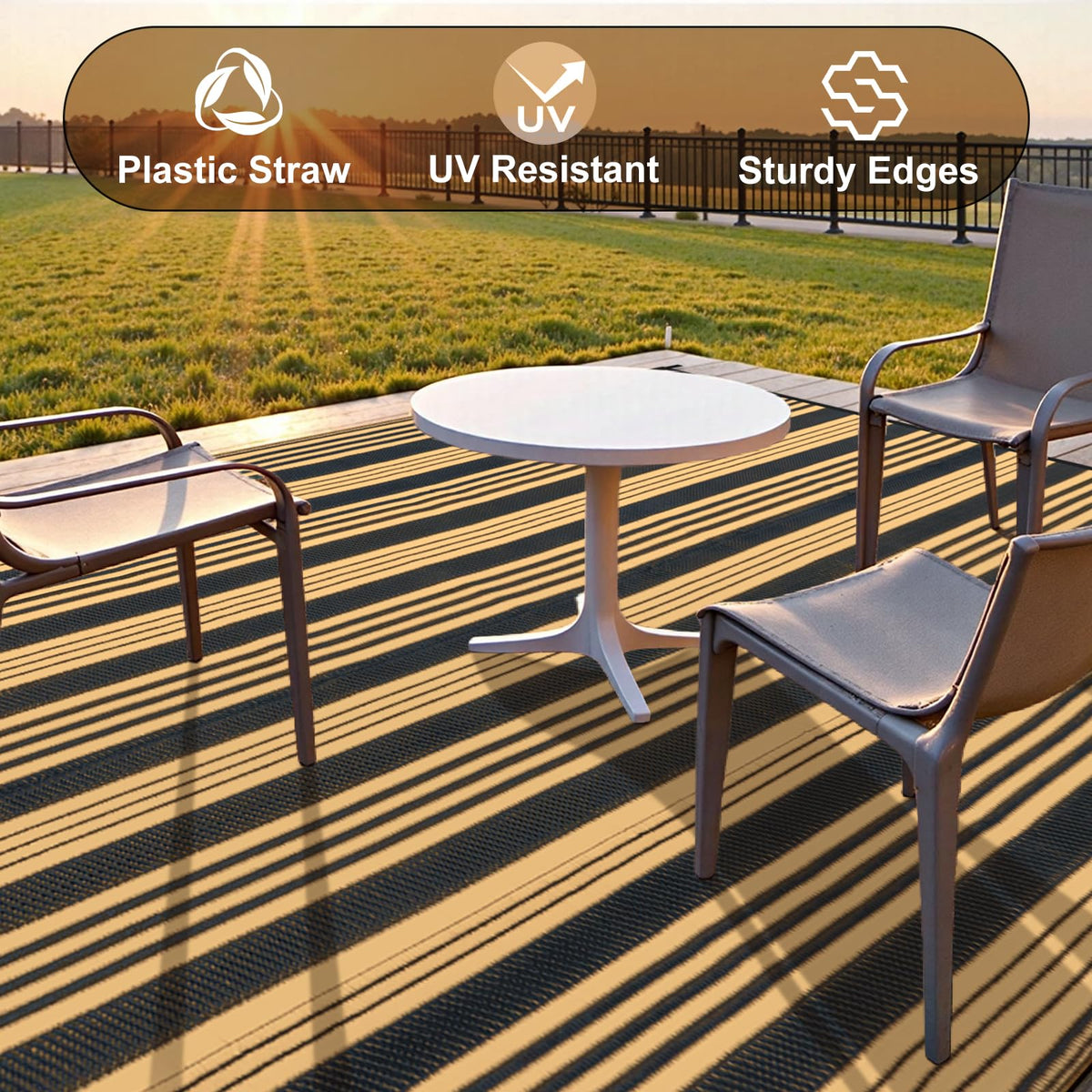 LEEVAN reversible striped rug offering two looks for outdoor spaces.