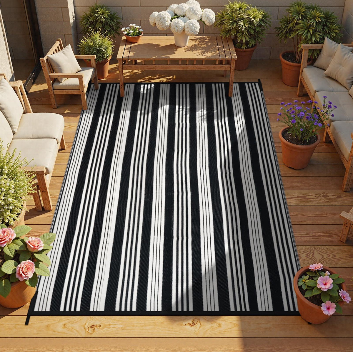 LEEVAN outdoor rug waterproof; black and white striped design for patio use