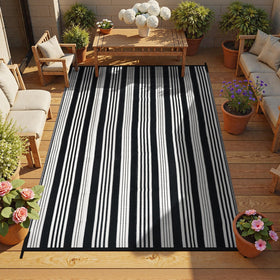LEEVAN outdoor rug waterproof; black and white striped design for patio use