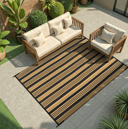 LEEVAN outdoor rug waterproof 8x10, black and white stripes for patios and decks.