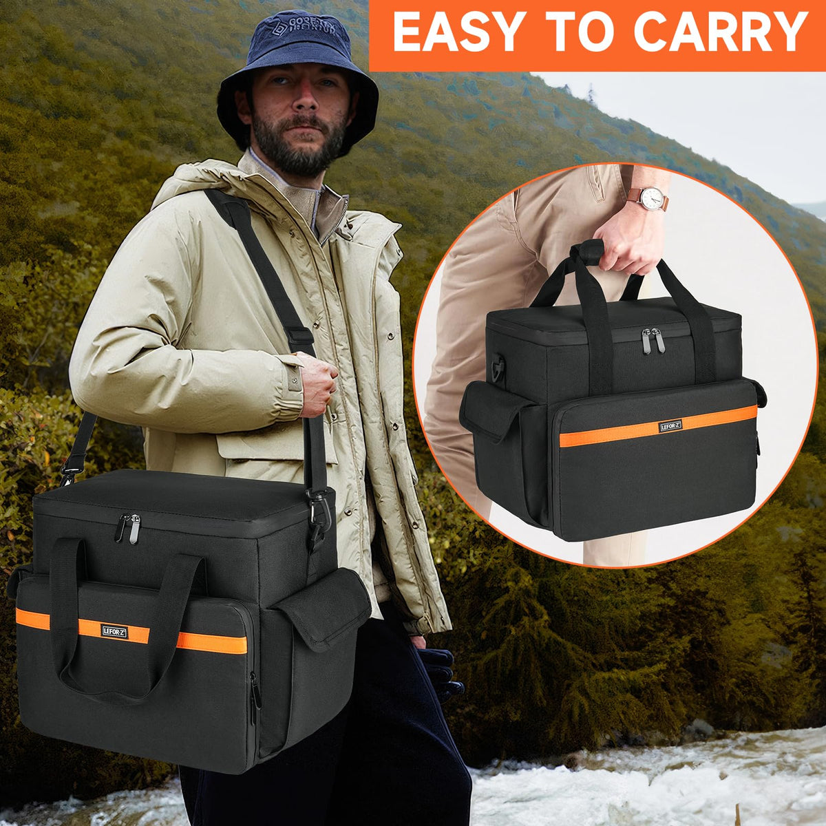 LEFOR·Z carrying case showing multi-pocket organization for cables and adapters.