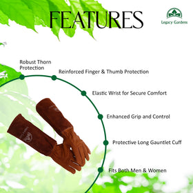 Legacy Gardens gloves feature reinforced thumb and fingers for durability.