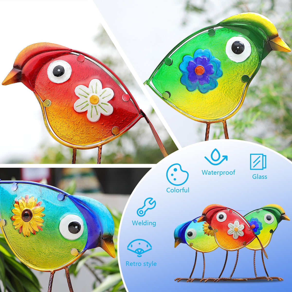 LEGIFO hand-painted glass birds add vibrant color to gardens and porches.