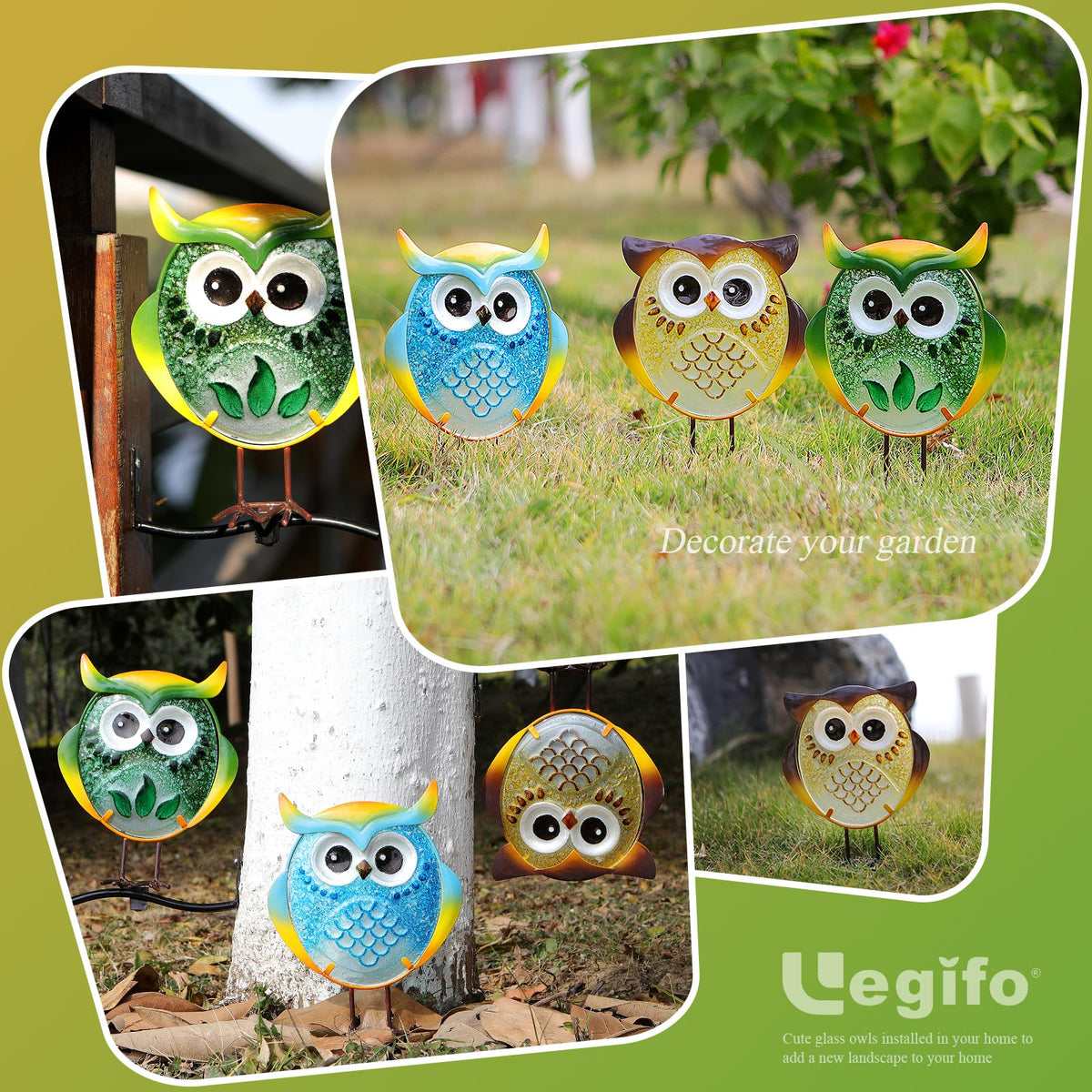 LEGIFO yard art owl shines in sunlight on glass and metal features