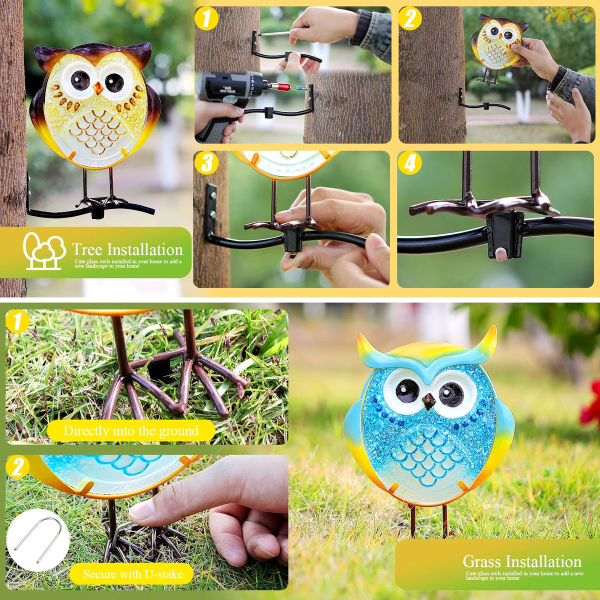 LEGIFO Owl Garden Decor attached to a tree, creating vertical yard drama