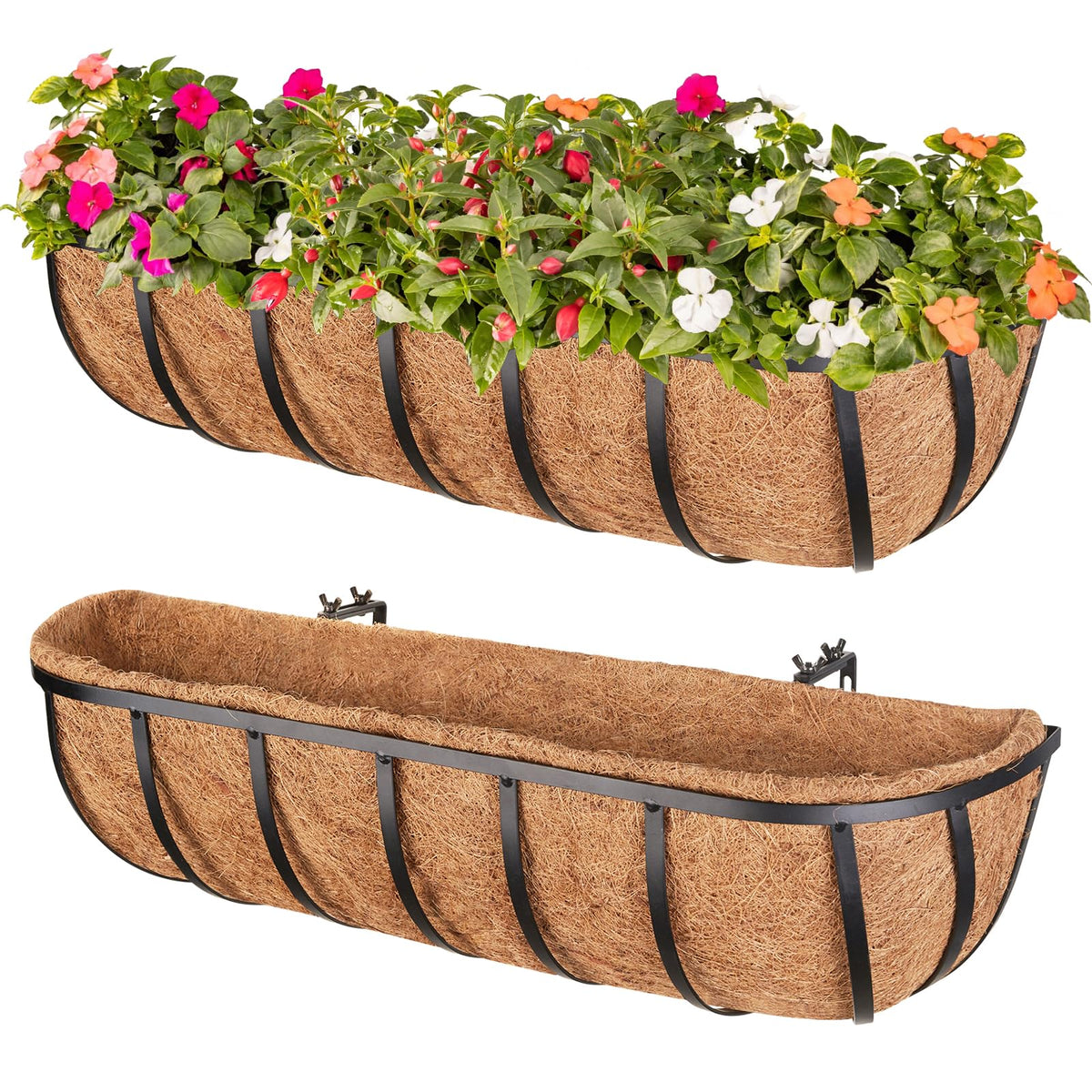 Legigo 2-pack 16-inch railing planters with coconut liner on railing for curb appeal