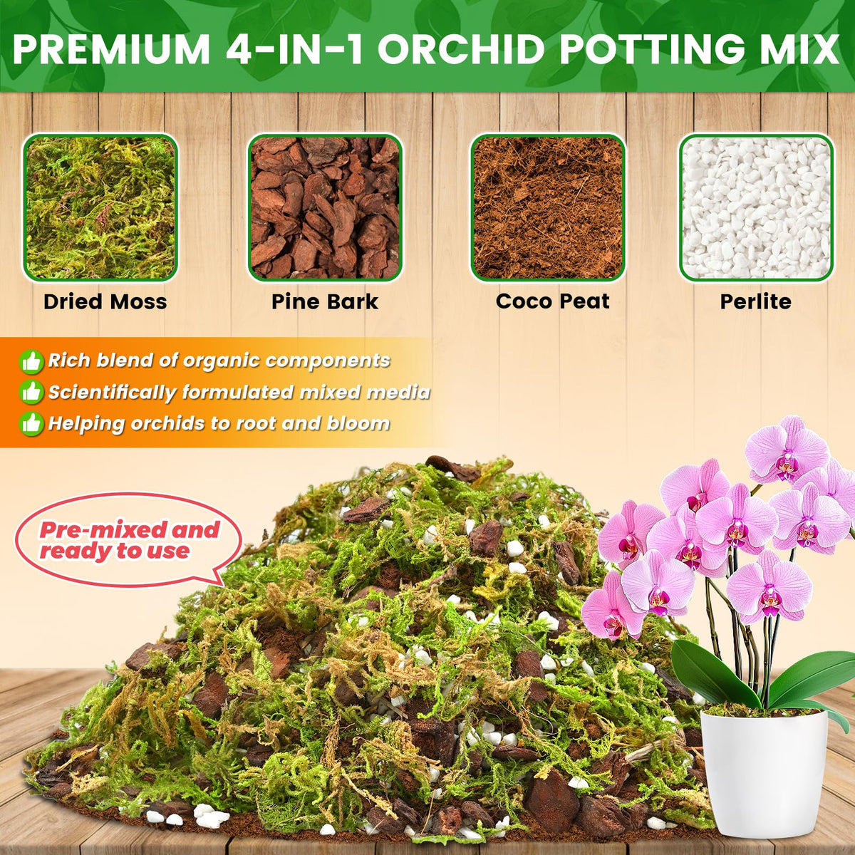 Legigo orchid potting mix ingredients closeup showing moss and bark