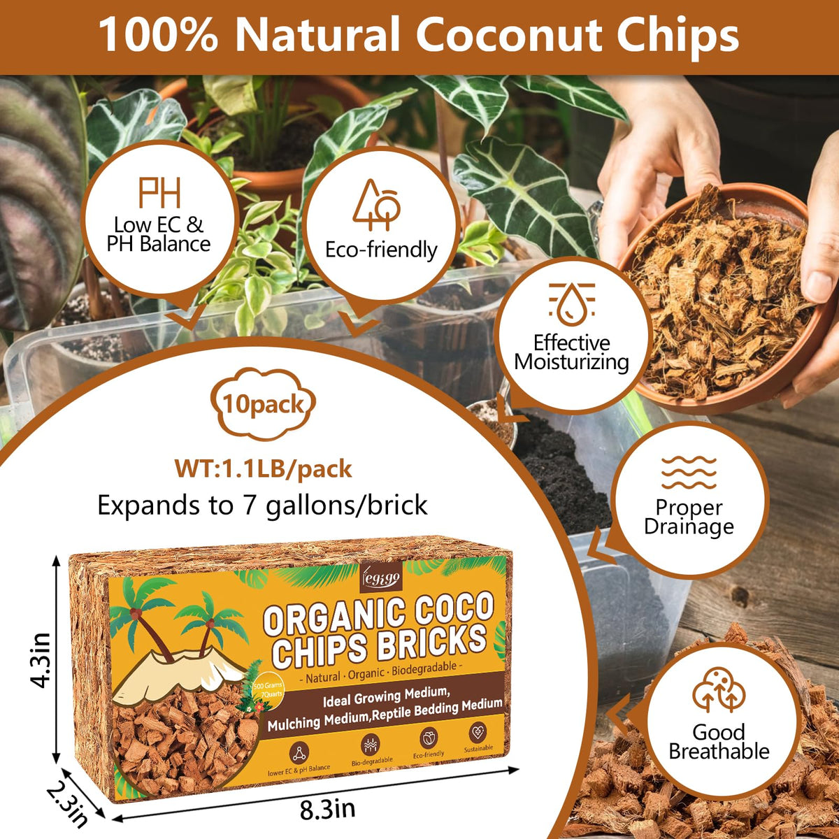 Legigo coco coir chips mulch layer enhances moisture retention and weed suppression.