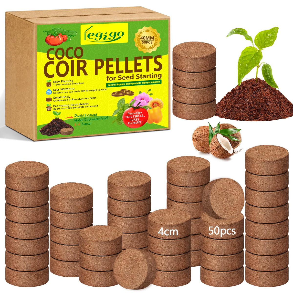 Legigo coco coir pellets 50 pcs pack ready for seed starting and transplanting