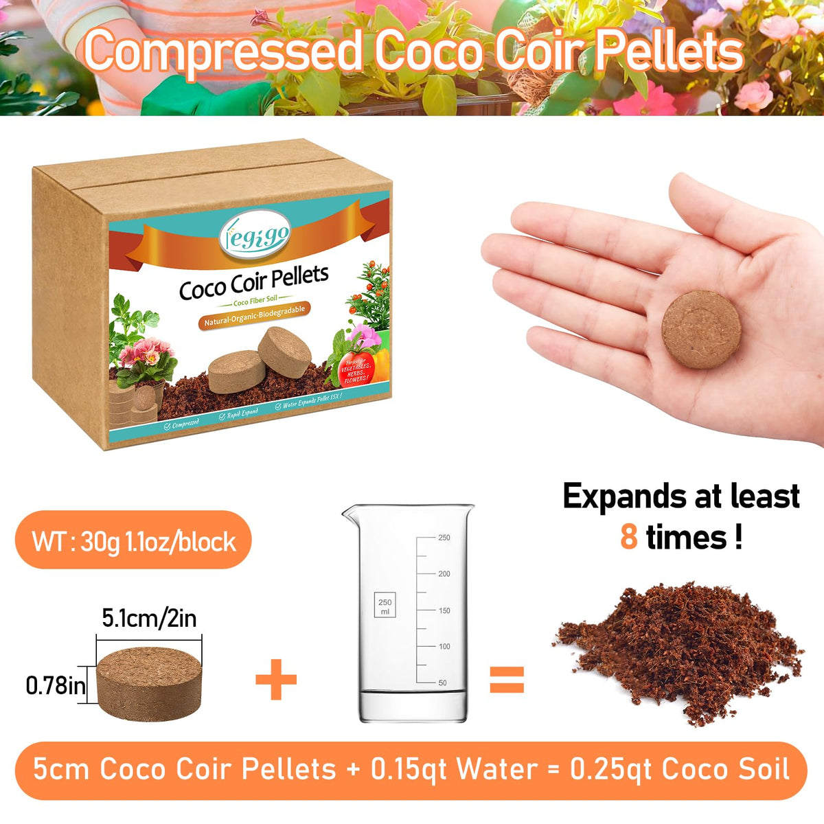 Legigo coco coir pellets expanded to eight times size for fast, uniform seedling growth.