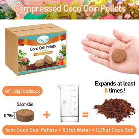 Legigo coco coir pellets expanded to eight times size for fast, uniform seedling growth.