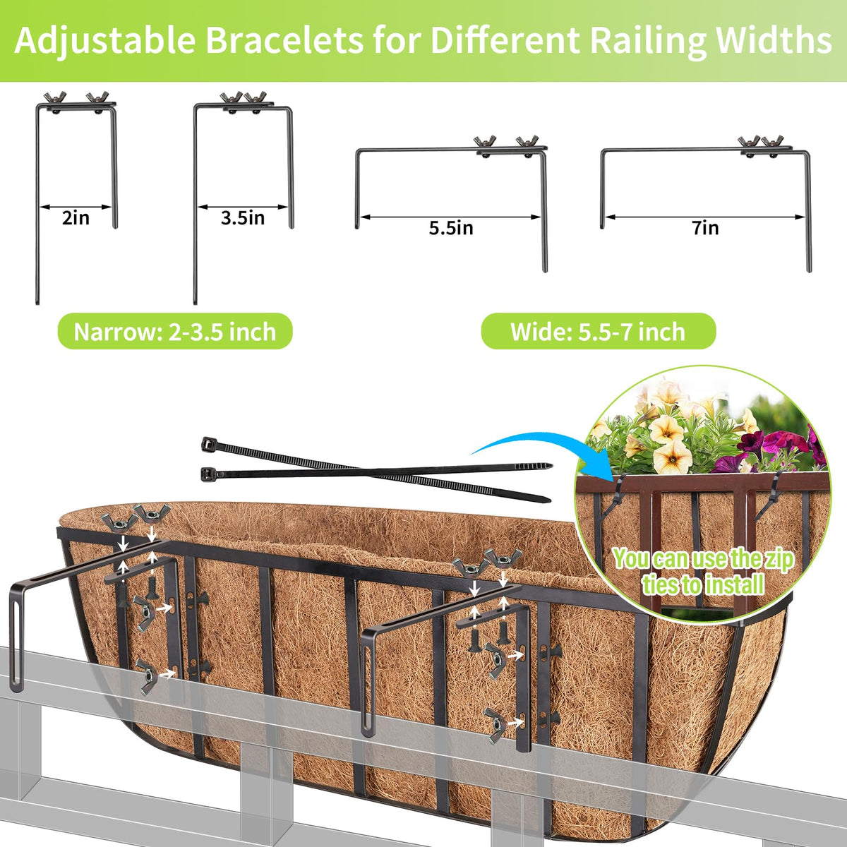 Legigo adjustable hanging brackets securing railing widths from 2 to 7 inches.