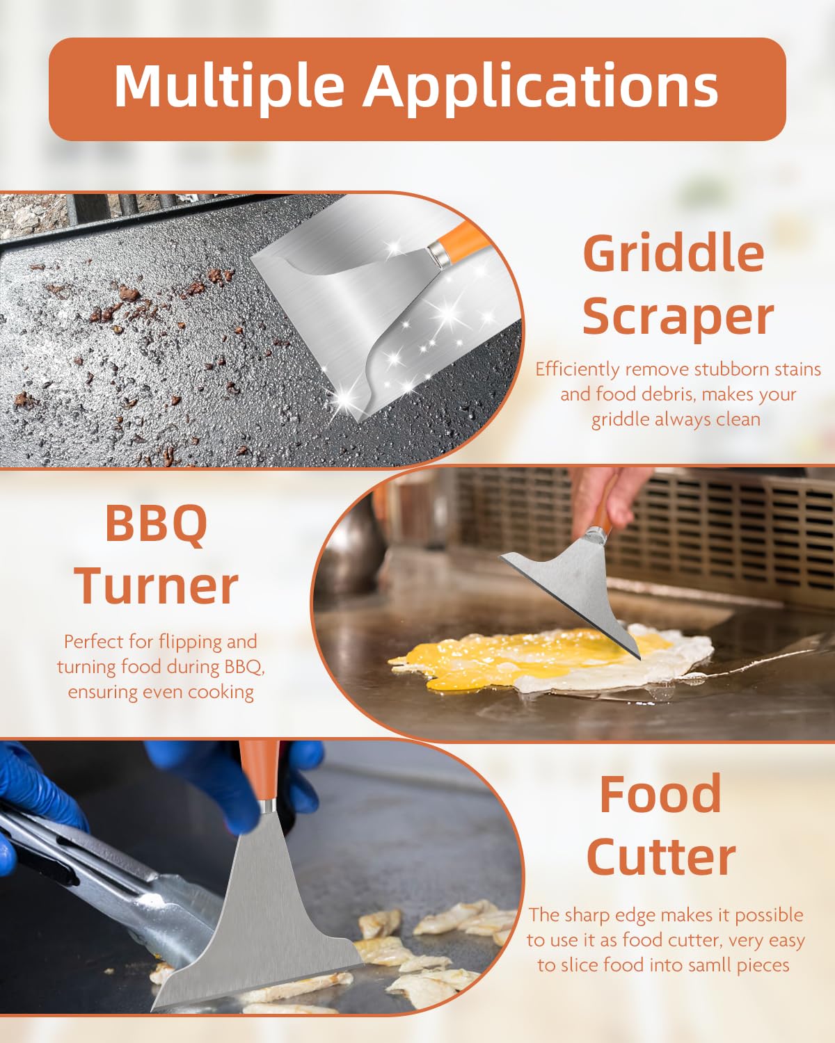 LEIFENY griddle scraper ergonomic handle for comfortable use.