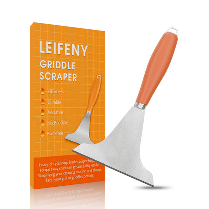LEIFENY griddle scraper with sharp blade for thorough grime removal.