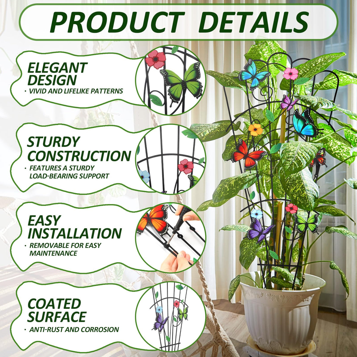 LEIFIDE butterfly trellis 33in ground-prongs provide strong soil grip